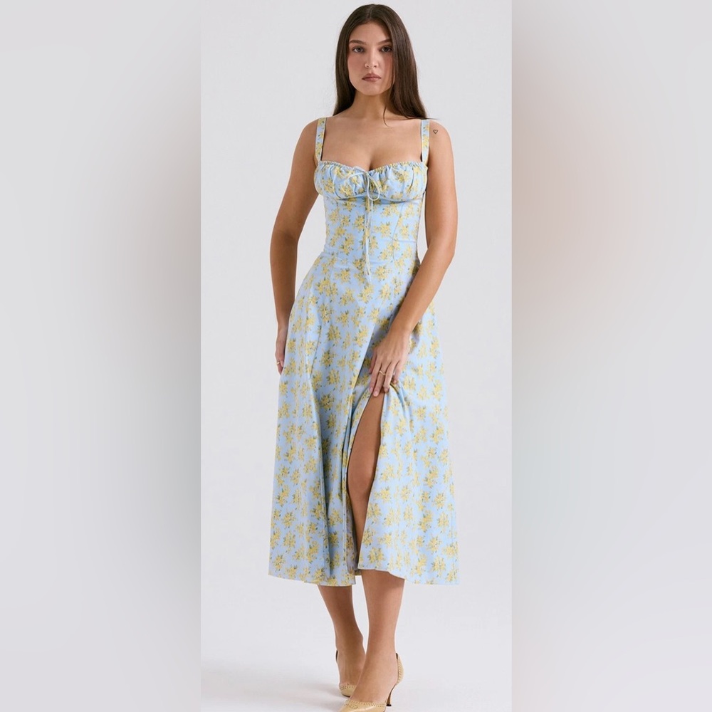 House of CB ‘Carmen’ Floral Blue & Yellow Bustier Midi Sundress Small(+Cup)